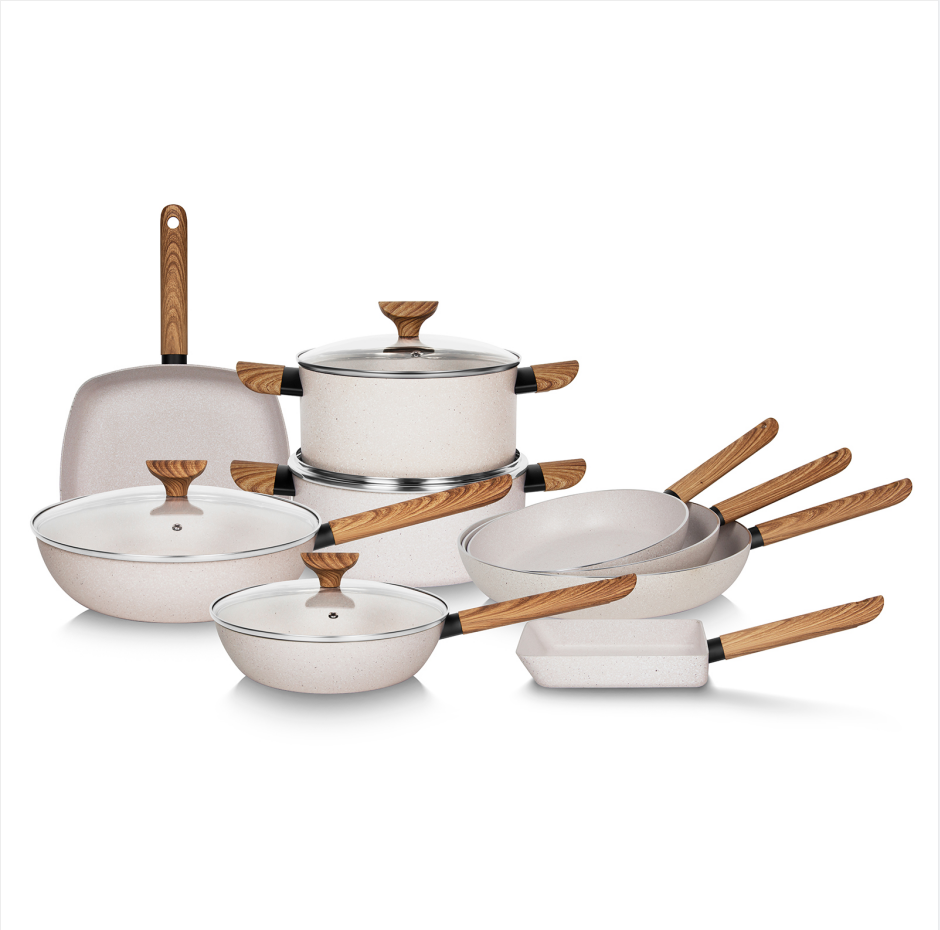 Préselt bézs tapadásmentes márvány edénykészlet