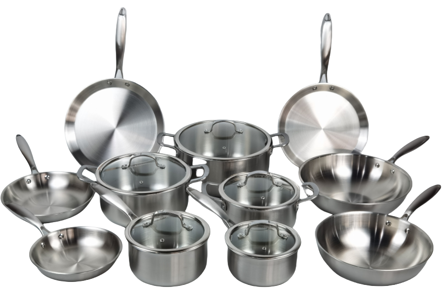 3 rétegű rozsdamentes acél serpenyőkészlet szálcsiszolt szállító