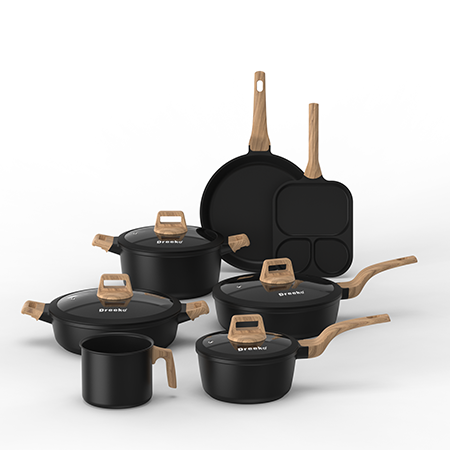 Gyári prés-öntött edénykészlet fa-szemcsés fogantyúk