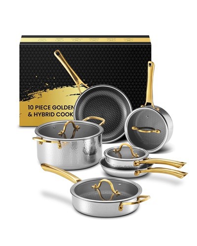 3-rétegű, rozsdamentes acél edénykészlet aranyozott fogantyúk