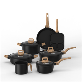 Gyári prés-öntött edénykészlet fa-szemcsés fogantyúk