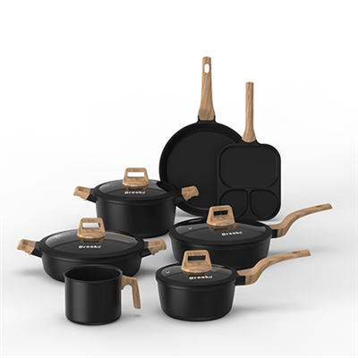 Gyári prés{0}}öntött edénykészlet fa-szemcsés fogantyúk